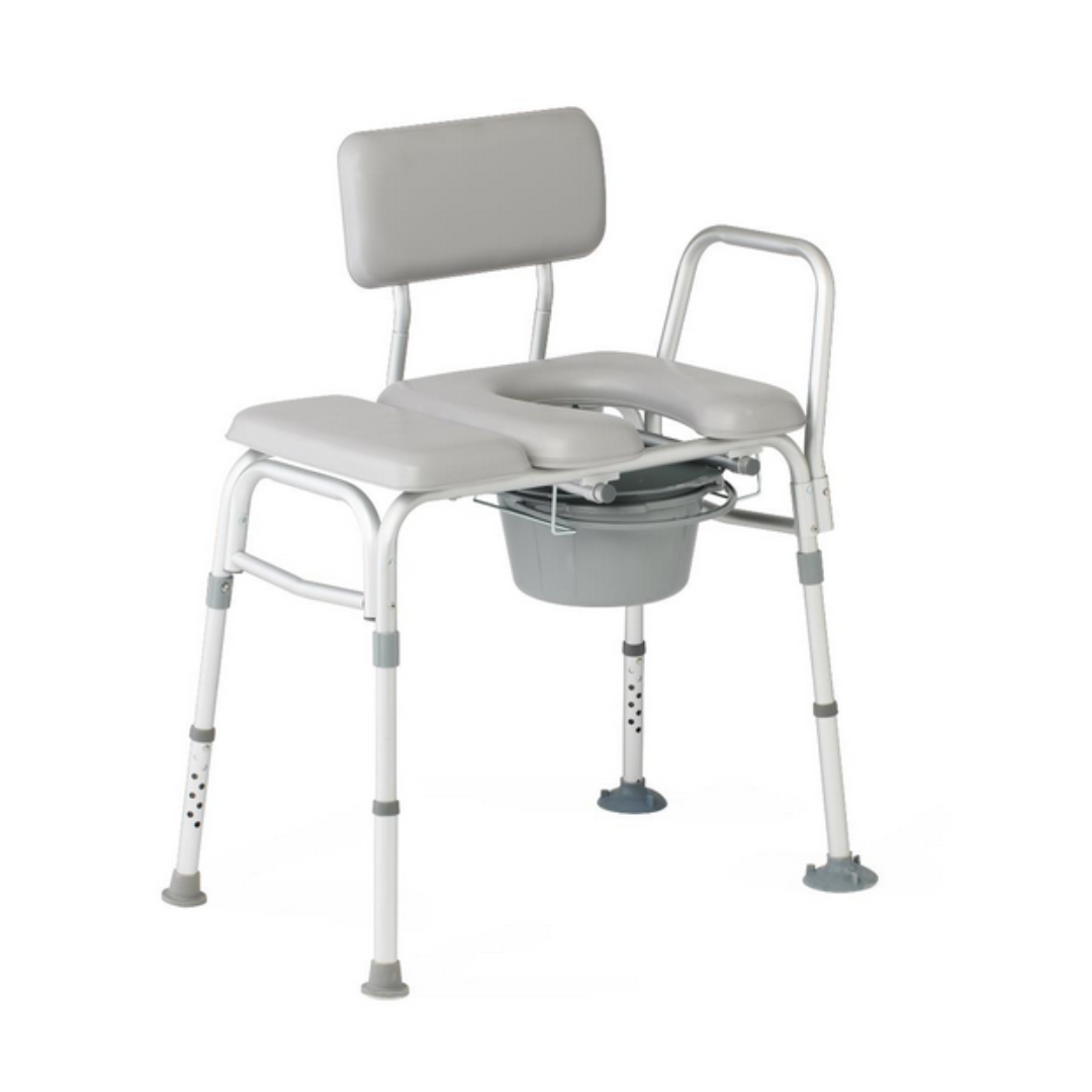 The Medline Bariatric Combination Transfer Bench and Commode with Padded Seat is a white medical shower chair featuring a slatted seat, backrest, and armrests. It has adjustable height for stability and includes a gray bucket for convenience, promoting hygiene, comfort, and safety.